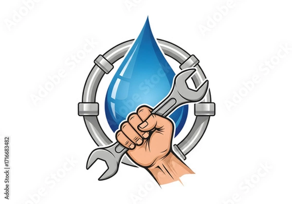 Fototapeta Illustration of a hand holding a wrench with a water drop and pipes isolated on transparent background