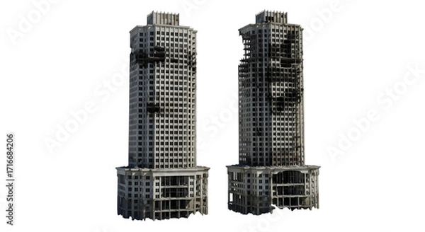 Fototapeta Two damaged buildings stand tall against a transparent background isolated on transparent background