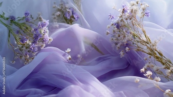 Fototapeta Gentle close up of purple and white flowers on a soft, flowing fabric, creating a serene and dreamy atmosphere with delicate details