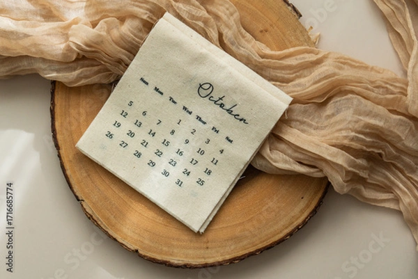 Fototapeta Top view of linen fabric calendar with October month, sheer fabric, wooden slice, light background, copy space, aesthetic soft shadows
