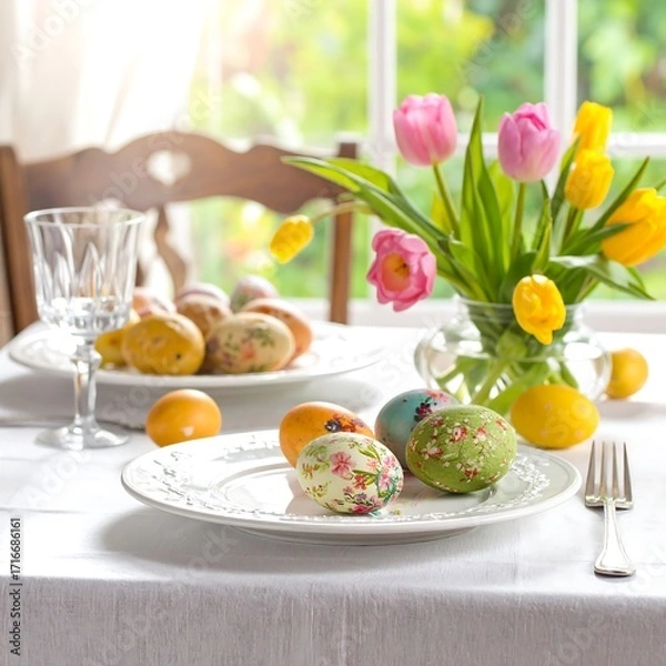 Fototapeta Easter table setting with colorful eggs and tulips