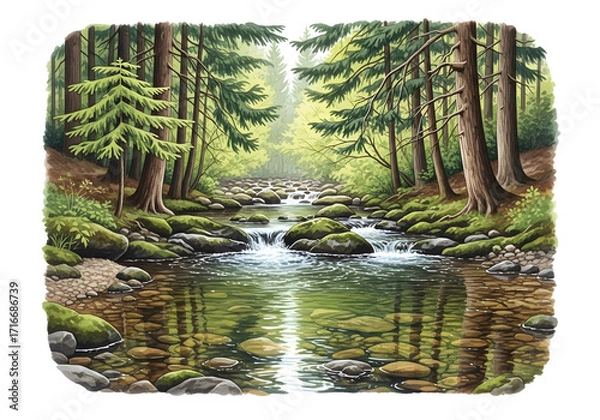 Fototapeta A tranquil river flows through a lush green forest with tall trees and mossy rocks isolated on transparent background