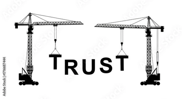 Fototapeta Construction cranes building the word trust isolated on transparent background