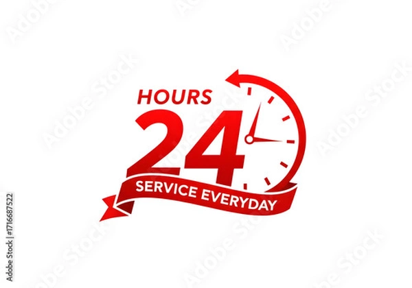 Fototapeta A red sign with a clock and the words 24 hours service everyday isolated on transparent background