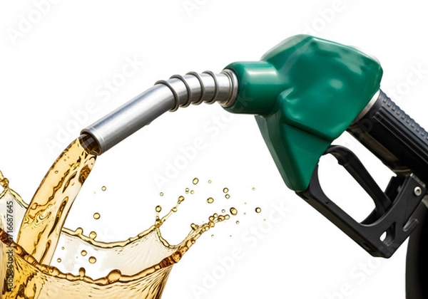 Fototapeta Gasoline flowing from a green fuel nozzle isolated on transparent background