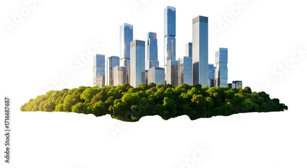 Fototapeta A modern city skyline rising from a lush green forest isolated on transparent background