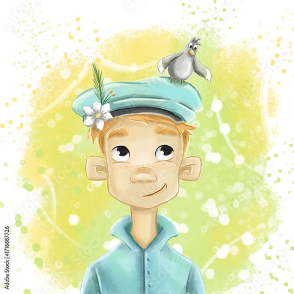 Fototapeta Little smiling redhead boy in blue cap and gray bird, cartoon portrait