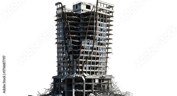 Fototapeta A severely damaged building stands isolated on transparent background, a testament to destruction