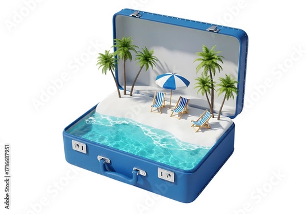 Fototapeta A miniature beach scene is contained within a blue suitcase, isolated on transparent background