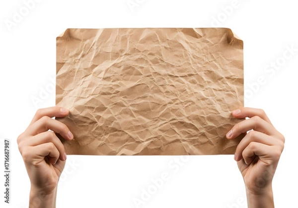 Fototapeta Hands hold a crumpled piece of brown paper, isolated on transparent background
