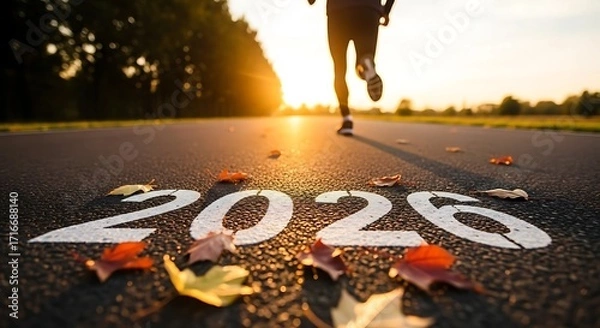 Fototapeta Low-Angle View of Runner Moving Towards Sunlit Horizon with 2026 Painted on Road