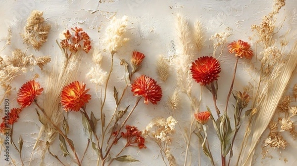 Fototapeta Artistic dried flower arrangement featuring red strawflowers and various dried grasses on a textured white background, creating a rustic vibe
