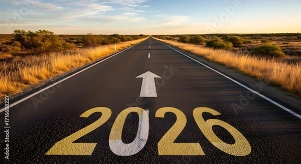 Fototapeta Stretching Road with 2026 Painted and Forward Arrow in Warm Dawn Light