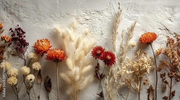Fototapeta Dried flower arrangement on a textured white background with orange, red, and beige flowers and pampas grass in a horizontal layout
