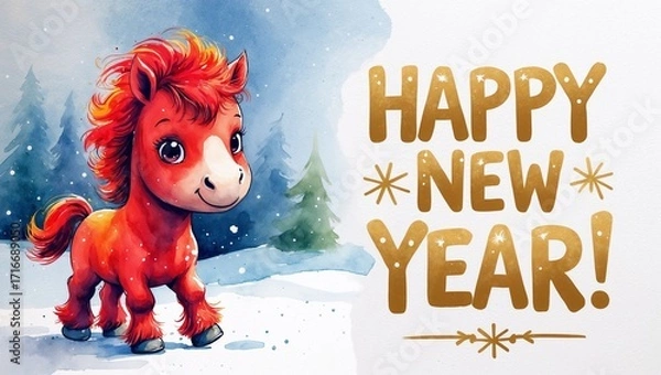 Fototapeta Happy New Year banner with a smiling red horse cartoon