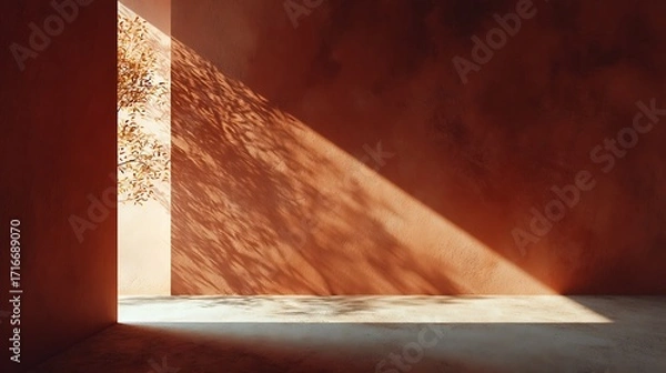 Fototapeta Sunlit wall with tree casting shadows, creating a warm and inviting atmosphere for product presentation and display in a modern space