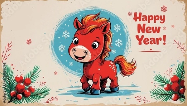 Fototapeta Vintage Happy New Year banner with a cartoon red horse 