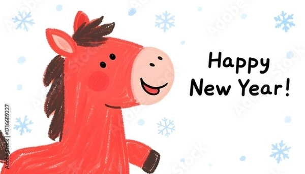 Fototapeta Happy New Year card with snowflakes and a red cartoon horse