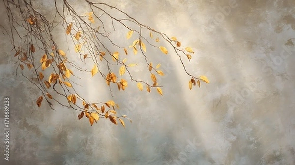 Fototapeta A serene and ethereal autumn scene featuring delicate branches adorned with golden leaves against a soft, dreamy, textured background
