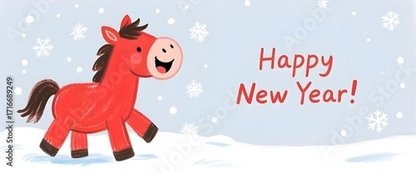 Fototapeta Happy New Year banner with a happy red cartoon horse and falling snow