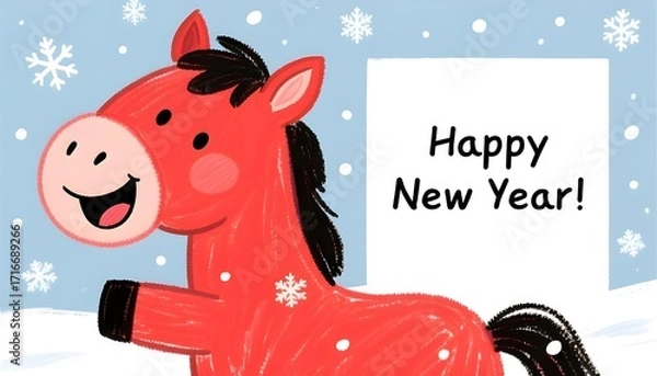 Fototapeta Happy New Year card with snowflakes and a red cartoon horse