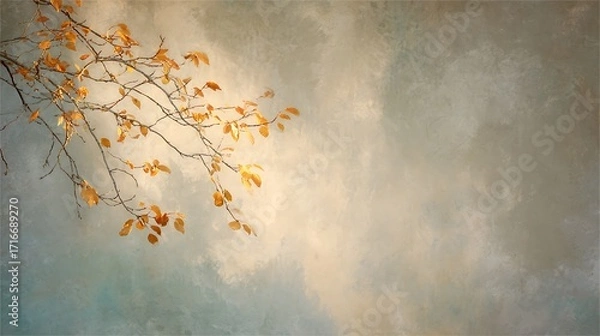 Fototapeta A tranquil autumn scene showcasing delicate branches with golden leaves against a dreamy, textured backdrop, creating a serene and ethereal ambiance