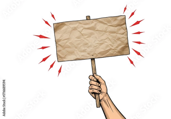 Fototapeta Hand holding a blank crumpled paper sign isolated on transparent background for protest