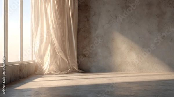 Fototapeta Sunlight streams into a minimalist room, casting shadows on the concrete floor and wall, with a sheer curtain gently swaying by the window