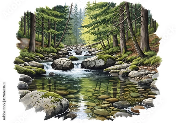 Fototapeta A tranquil stream flows through a lush green forest with mossy rocks isolated on transparent background