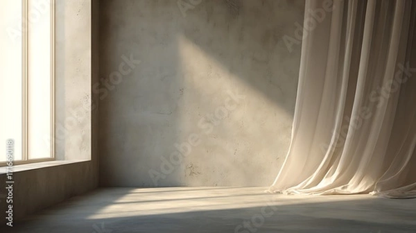 Fototapeta Sunlight streams into a minimalist room, casting shadows on the concrete floor and wall, with a sheer curtain gently swaying by the window