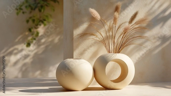 Fototapeta Two textured vases with dried pampas grass casting shadows on a textured wall, creating a serene and minimalist interior decor scene
