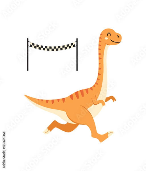 Fototapeta Joyful orange dinosaur races towards checkered finish line with a huge smile, celebrating fun and adventure