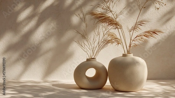 Fototapeta Two minimalist vases with dried pampas grass casting shadows on a beige wall, creating a serene and natural aesthetic for home decor