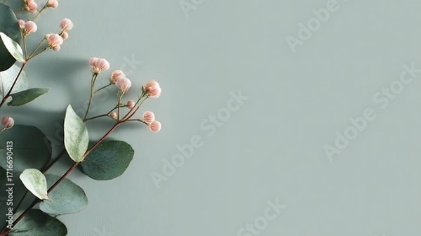 Fototapeta Delicate pink flowers and green eucalyptus leaves on a textured blue background, perfect for a calming and natural aesthetic design element