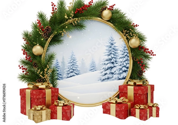 Fototapeta A festive christmas wreath frames a snowy winter scene with presents isolated on transparent background