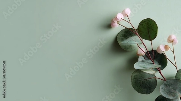 Fototapeta Eucalyptus branch with pink berries on a light green background, a delicate and natural arrangement for various creative projects
