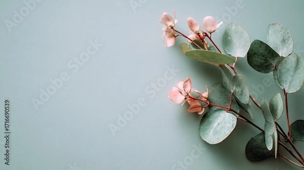 Fototapeta Elegant eucalyptus branches with pink flowers on a serene blue background, creating a calming and natural aesthetic for design and decoration