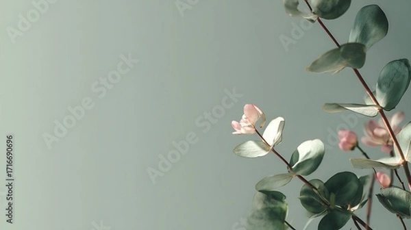 Fototapeta Eucalyptus branch with pink flower on a light green background, a calming and aesthetic botanical arrangement for various creative uses