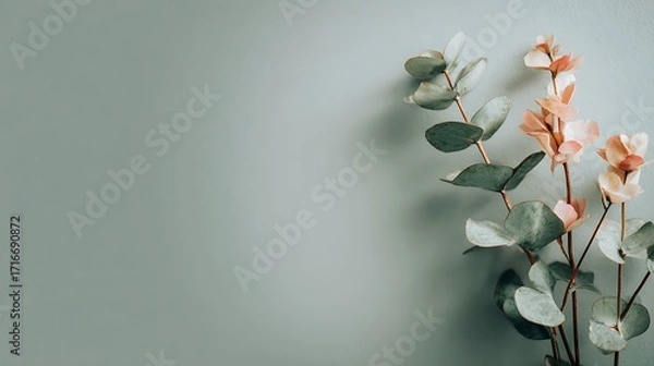 Fototapeta Delicate eucalyptus branch with peachtoned buds on a muted green background, perfect for adding a touch of natural beauty to designs