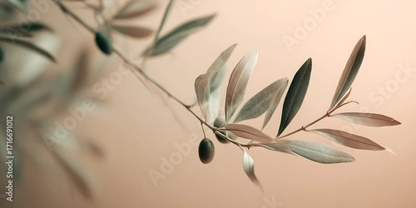 Fototapeta Closeup of an olive branch with dark olives and leaves against a soft beige background, creating a natural and serene aesthetic