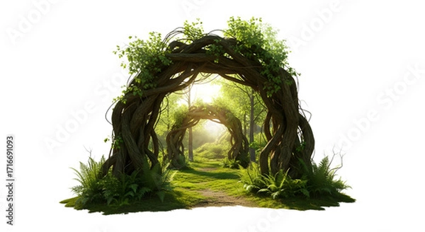 Fototapeta A magical forest entrance isolated on transparent background with lush green foliage