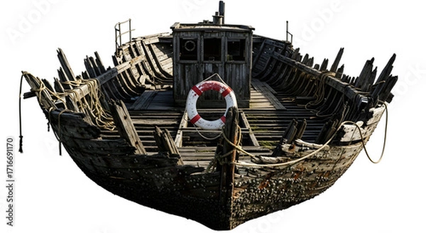 Fototapeta An old shipwreck isolated on transparent background shows the ravages of time