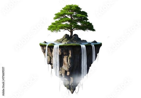Fototapeta A floating island with a tree and waterfalls isolated on transparent background