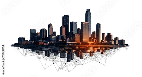 Fototapeta A city skyline reflected on a mirrored surface isolated on transparent background