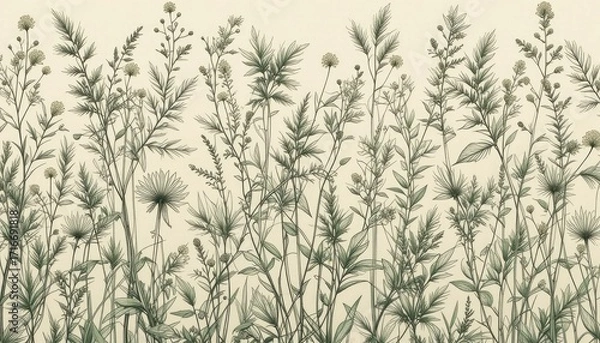 Fototapeta pattern of green plants and leaves. Hand-drawn, realistic drawing in pencil. basic design for organic plants. vintage graphic art of botany. 4K backdrop and wallpaper. Clean, simple, and minimalistic 