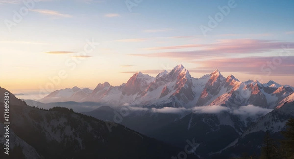 Fototapeta 4K background featuring a serene mountain range at sunset, alpenglow, clear sky, vibrant colors, sharp focus, panoramic view create with ai