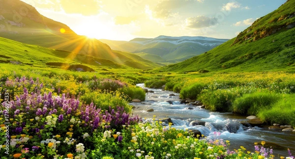 Fototapeta 4K landscape of a lush green valley in spring, wildflowers blooming, a clear river flowing through, distant rolling hills, sunny day create with ai