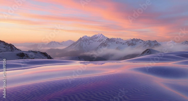 Fototapeta a serene mountain range at sunset, alpenglow, clear sky, vibrant colors, sharp focus, panoramic view create with ai