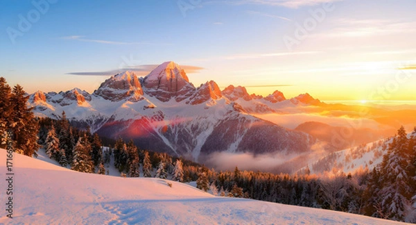 Fototapeta 4K landscape of a snow-covered mountain range at sunrise, alpenglow on peaks, evergreen trees laden with snow, clear blue sky, winter season create with ai