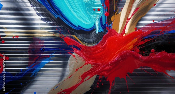 Fototapeta High-resolution chrome stripe background reflecting a dynamic abstract painting with bold colors and textures, creating an artistic and modern feel create with ai